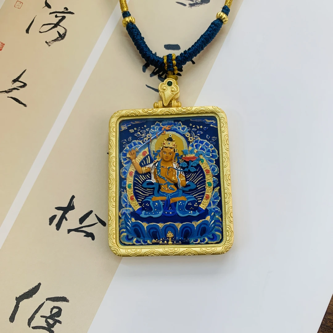 蓝唐卡 文殊 正面手绘泥塑外框铜镀金