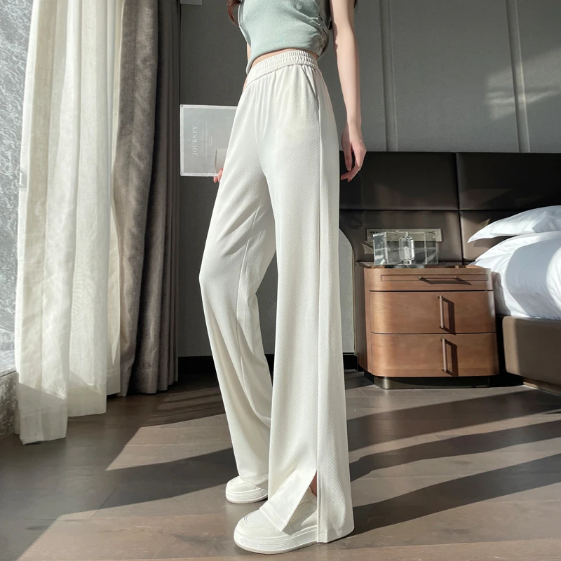 白色冰丝阔腿裤子女夏季2025新款休闲裤高腰垂感直筒裤薄款凉凉裤