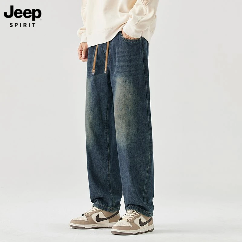 JEEPSPIRIT吉普长裤复古秋季美式弹力直筒牛仔裤男美式韩系休闲风
