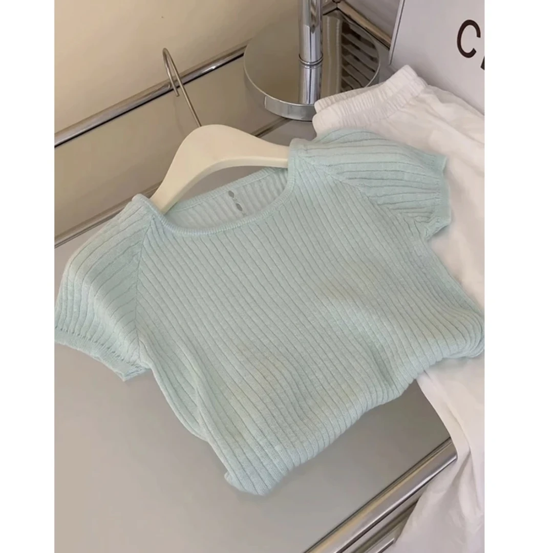 2025新款薄荷绿色方领冰丝针织短袖t恤女夏季修身显瘦短款上衣