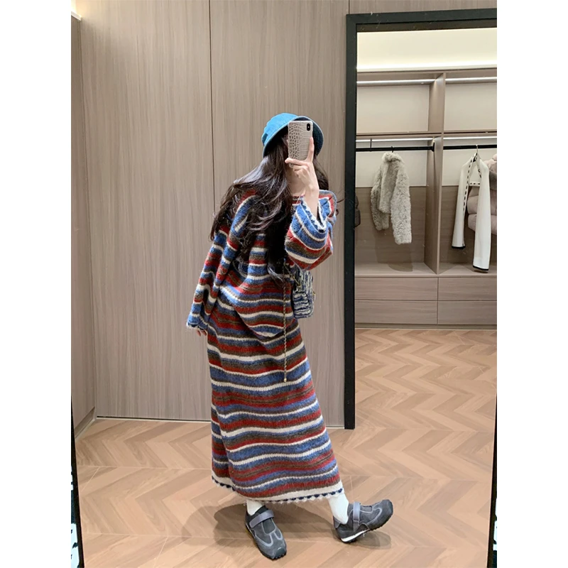 韩系复古撞色条纹毛衣女慵懒风软糯针织衫长袖上衣宽松休闲半身裙