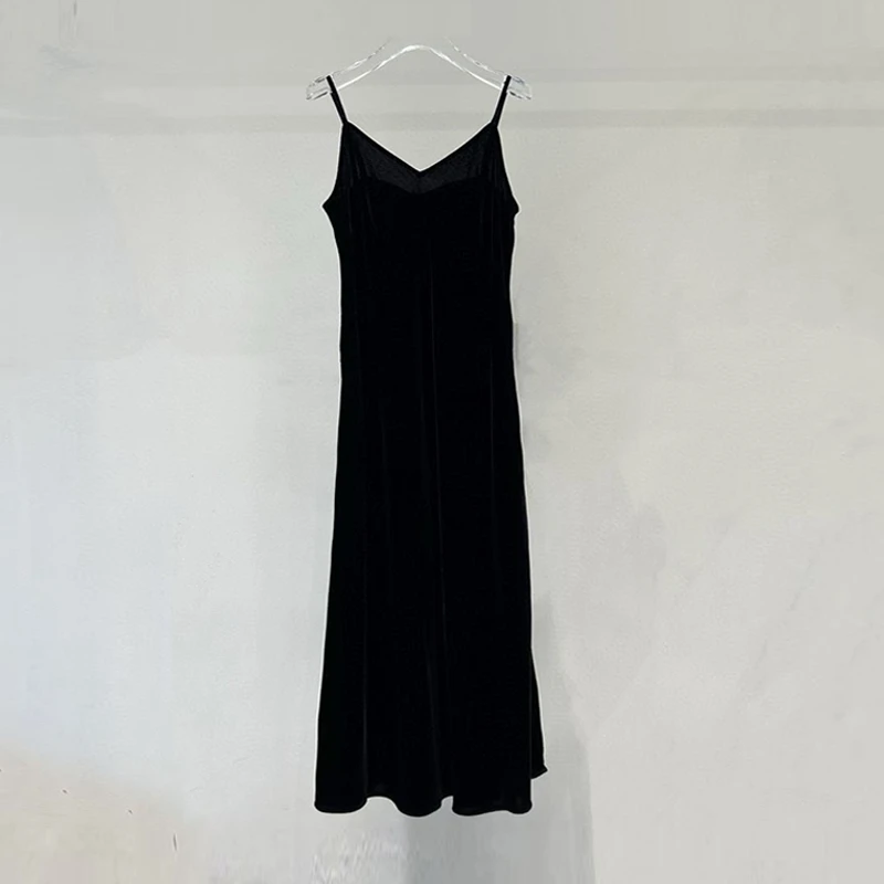 【529】艾家春夏新款性感法式轻职风纯色收腰丝绒吊带裙无袖连衣裙