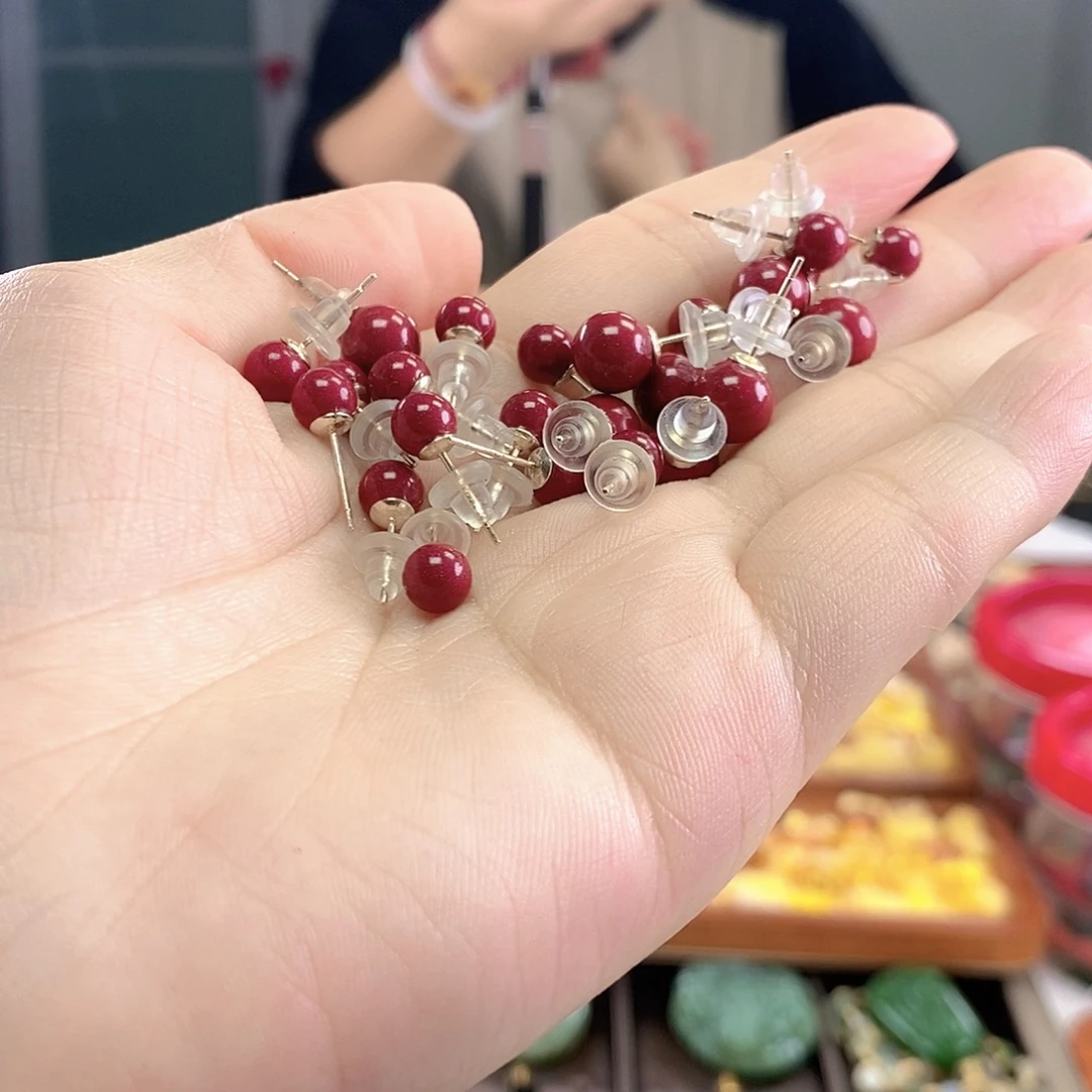 天然辰砂朱砂耳钉