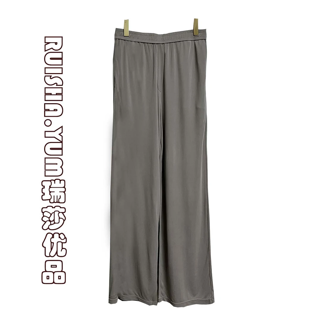 重磅强加捻100%针织桑蚕丝休闲中高腰口袋直筒阔腿裤5142