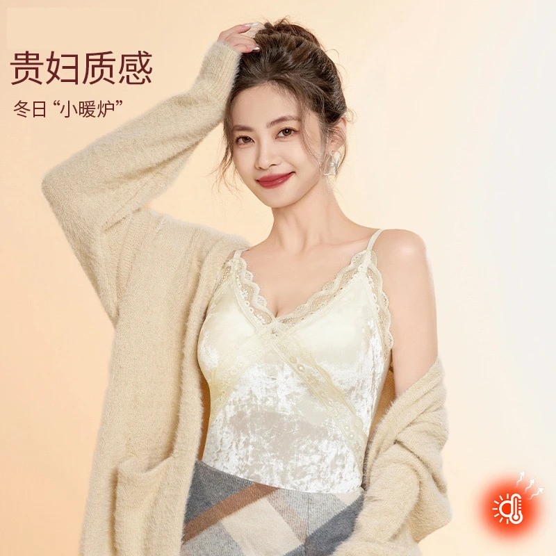 纯欲丝绒新款背心女保暖磨毛蕾丝吊带修身显瘦打底上衣吊带背心