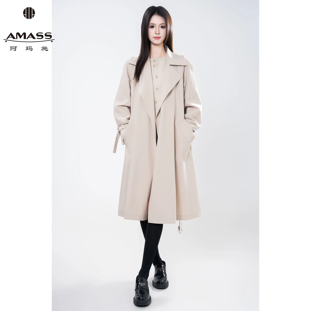 AMASS/阿玛施秋冬新款时尚静奢风翻领宽松长款系带风衣女 5400848