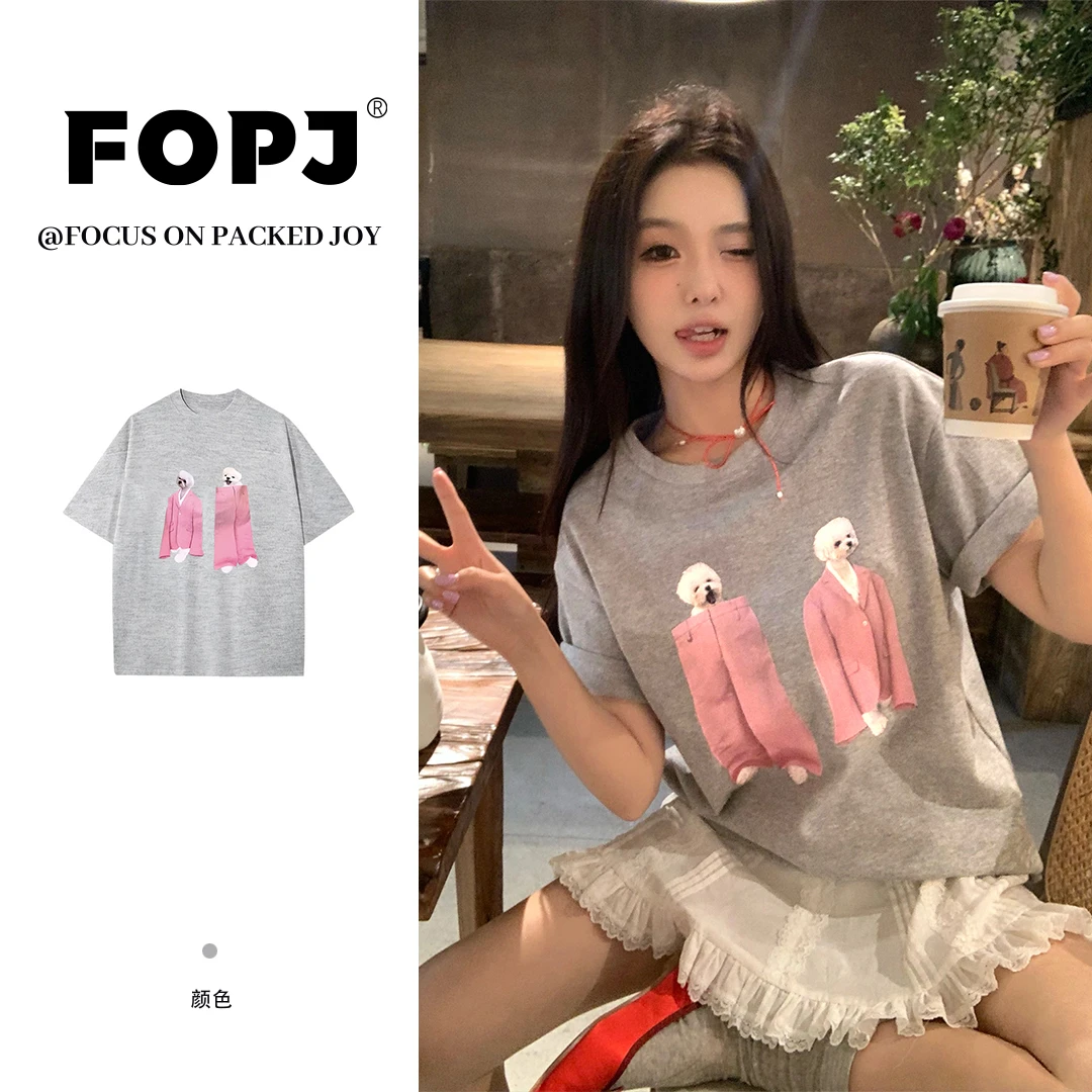 FOPJ韩系卡通设计感印花短袖t恤女2025夏季宽松时尚百搭情侣上衣