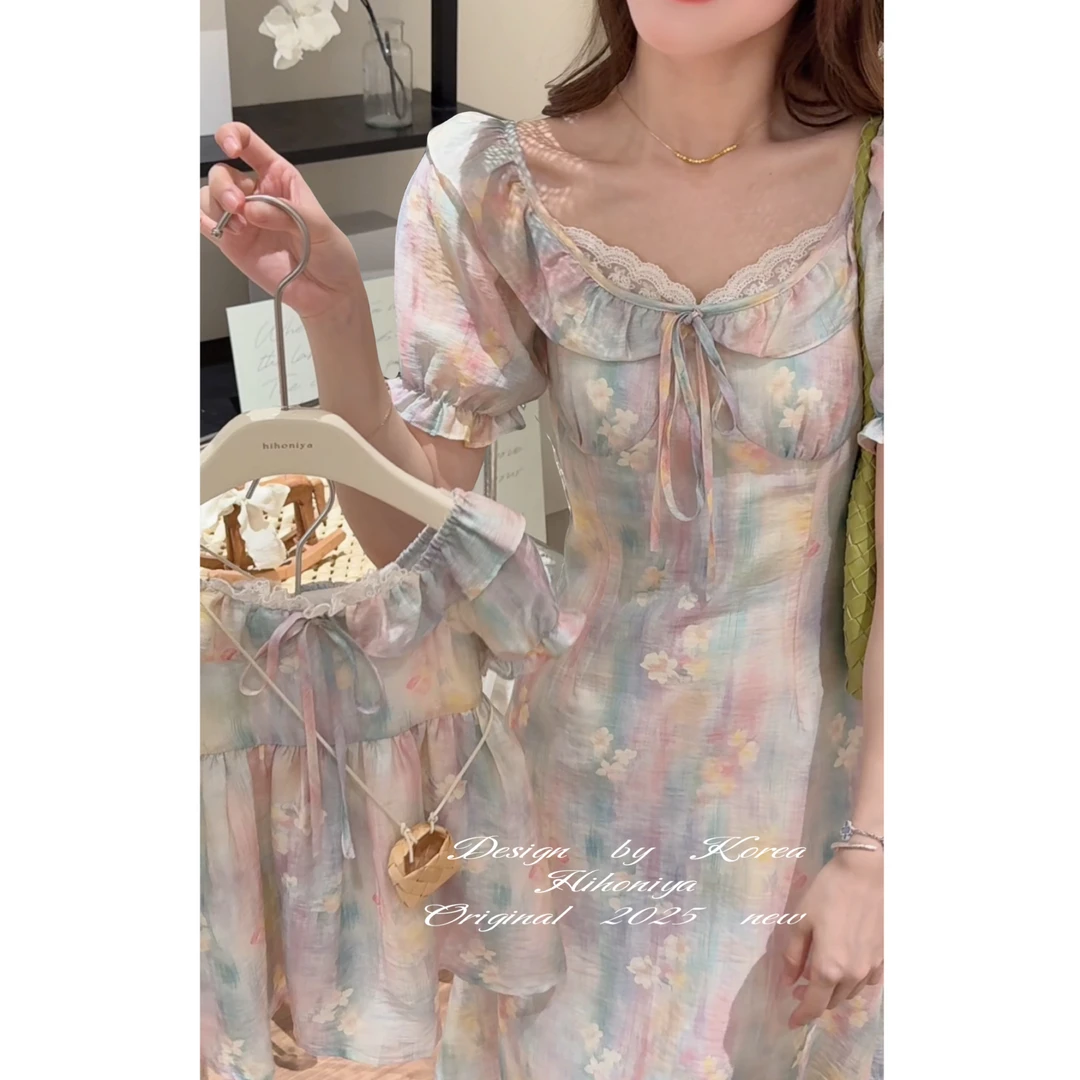 Q【晕染油画】三Hihoniya~2025夏季亲子彩色油画收腰显瘦凉感连衣裙