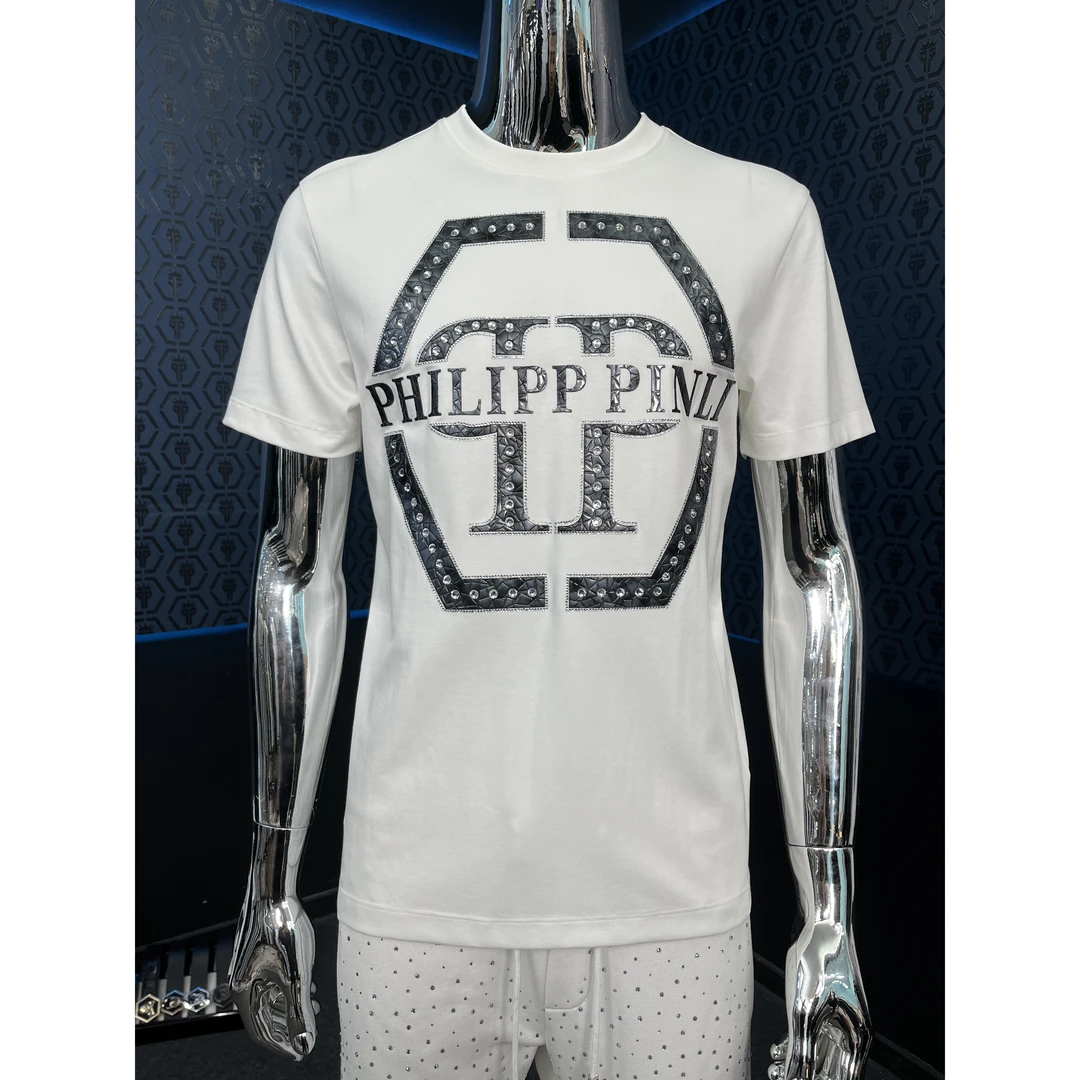 PHILIPP PINLI3D轻奢重工数字刺绣圆领半袖修身液氨匹马棉男士T恤