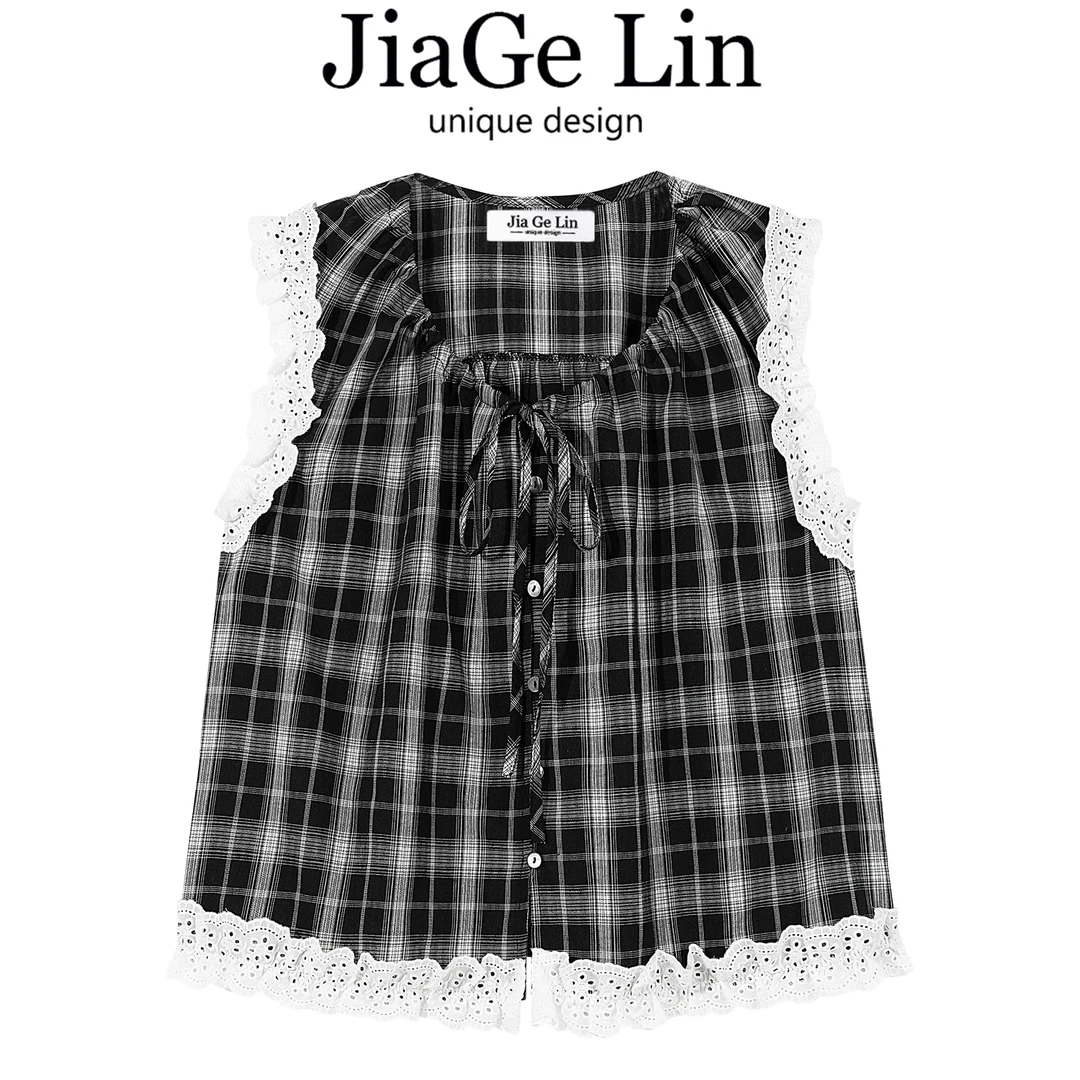 JiaGeLin韩系设计感镂空花边格子无袖衬衫女夏季宽松显瘦休闲上衣