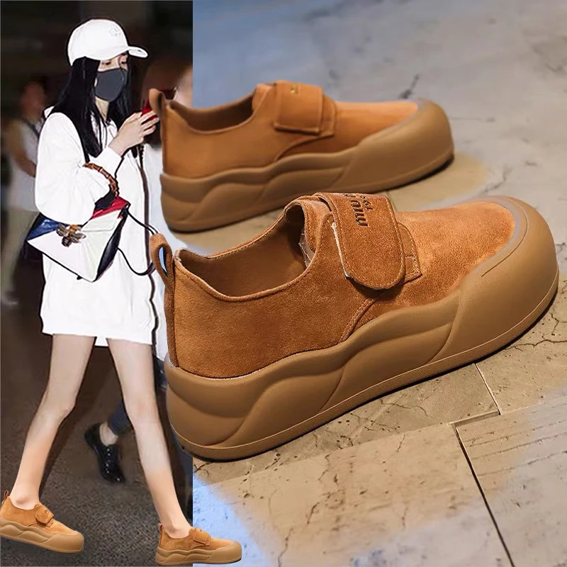 1338棕色厚底魔术贴板鞋女春新款复古增高乐福鞋软底勃肯单鞋L5