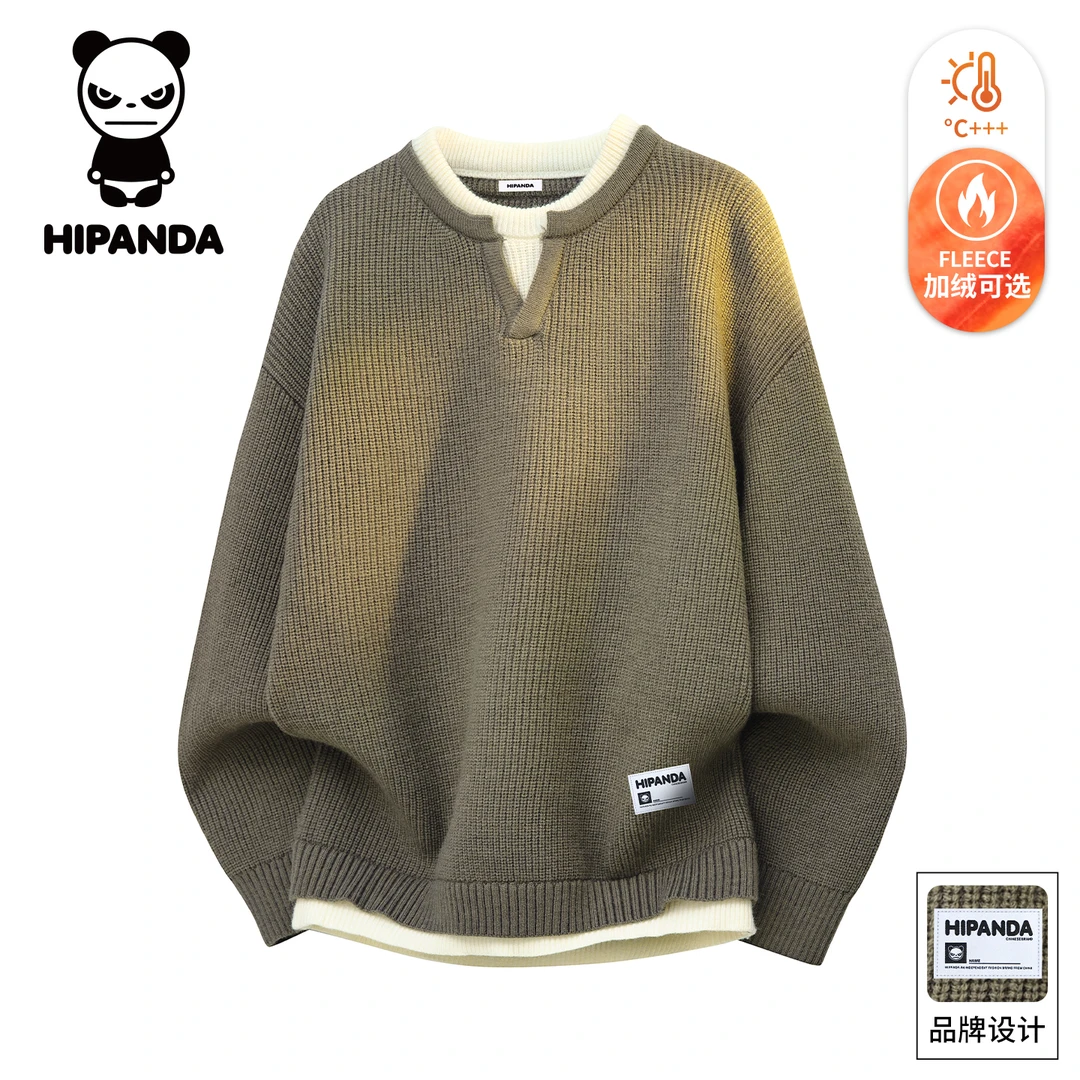 Hi Panda你好熊猫美式假两件毛衣男士秋冬季加绒休闲套头宽松上衣