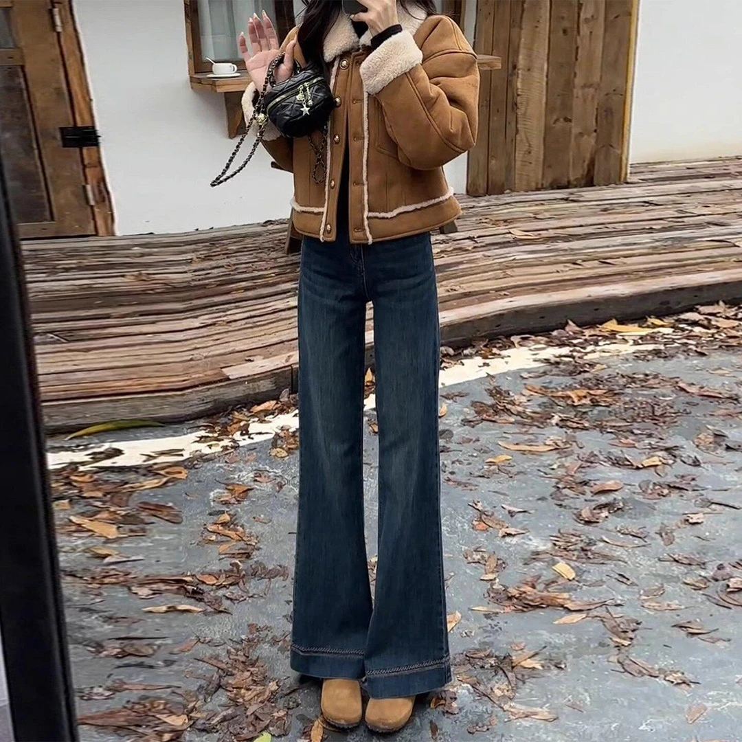 加绒保暖不贴腿微喇牛仔裤女秋冬季2025新款高腰阔腿宽松喇叭裤子