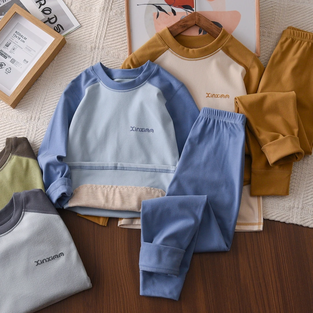 男童秋衣秋裤套装秋冬季2025男孩高弹拼色德绒中大儿童装保暖内衣