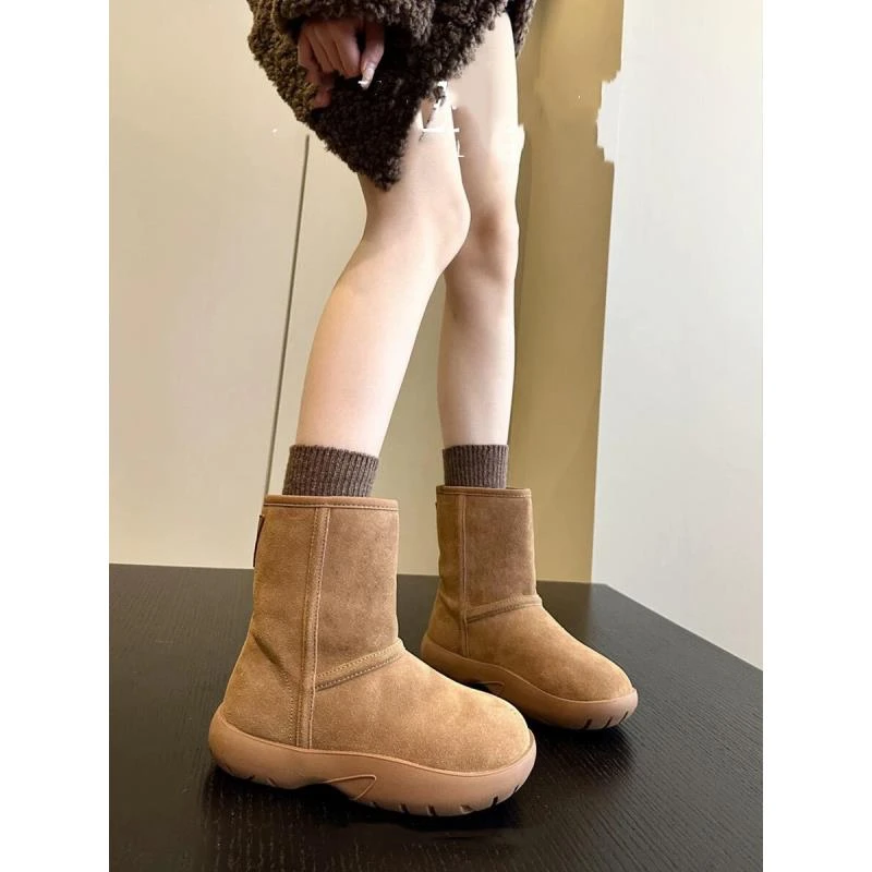 牛皮版~真皮厚底保暖短筒靴女新冬羊羔毛雪地靴棉鞋偏大点1008 店