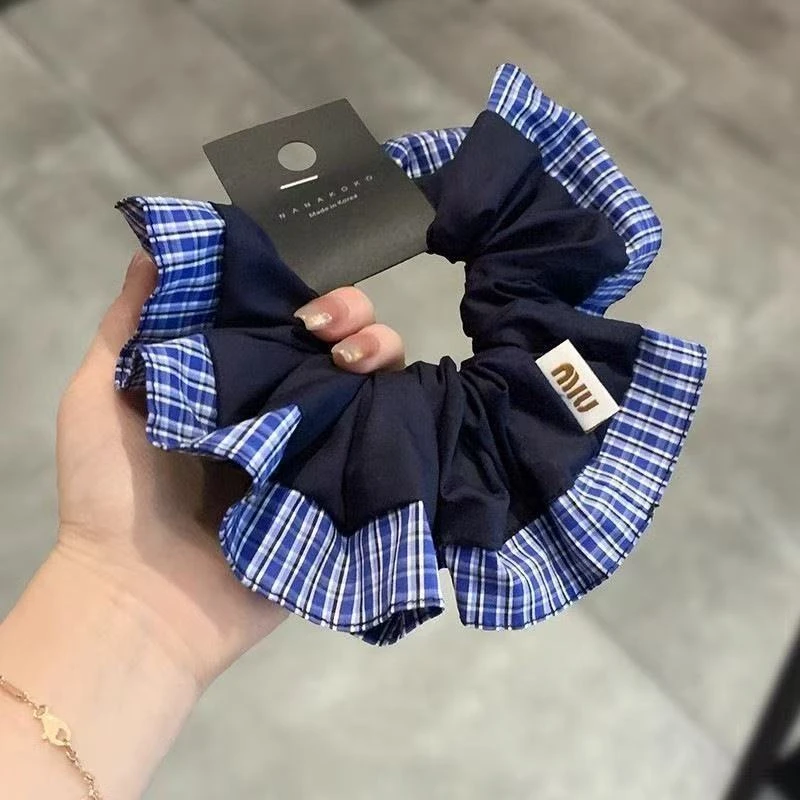 韩国东大门文艺少女撞色格纹褶皱肥肠圈藏蓝色显白高级感发圈头饰