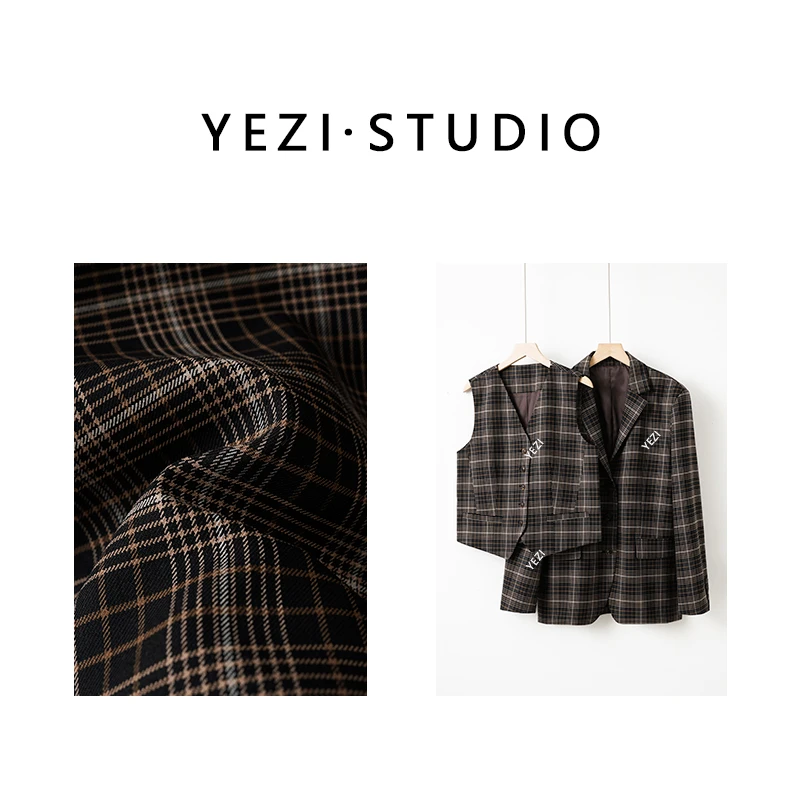 套装【佳人】老钱重磅羊毛天然牛角扣格纹马甲西装25139007