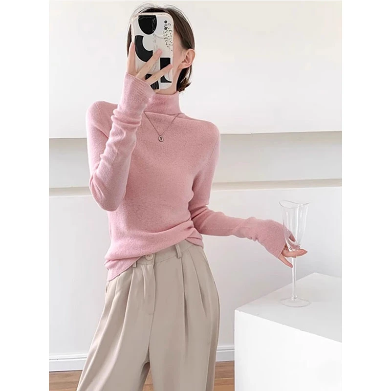 堆堆领毛衫2024新款修身高领内搭上衣粉色针织毛衣女秋冬打底衫