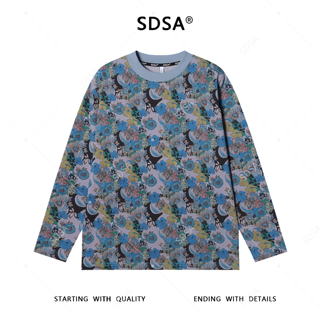 SDSA男士秋冬新款痞帅男装满印抽象植物花卉圆领长袖T恤网红款潮