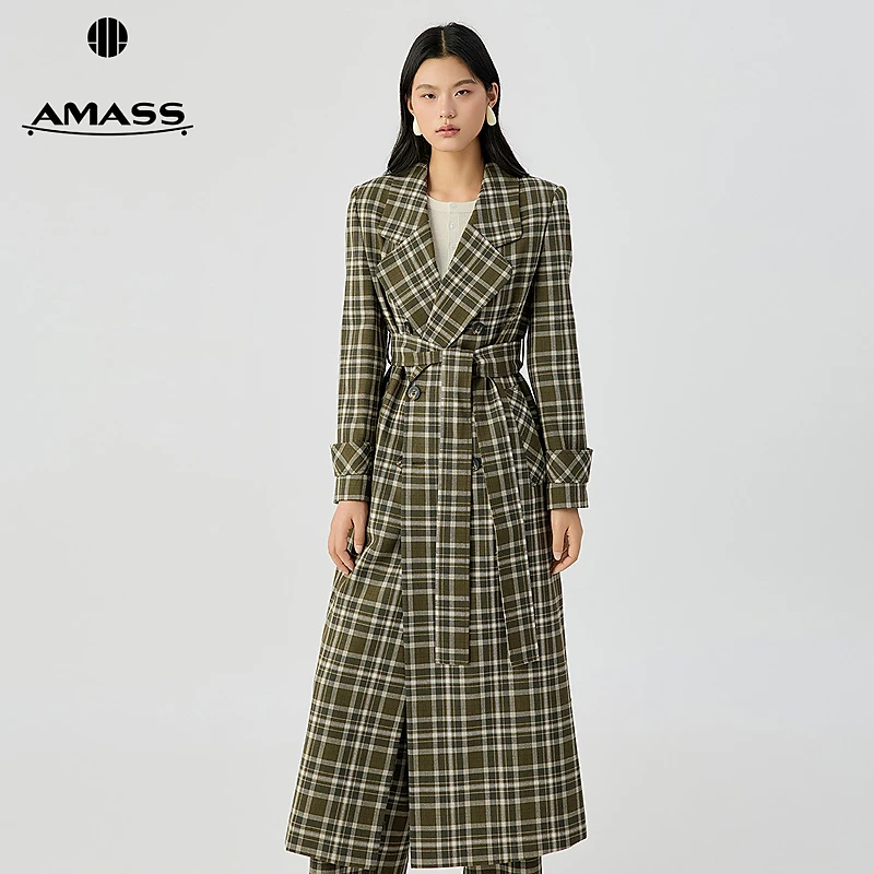 阿玛施AMASS 复古格纹毛料垫肩西装式长款风衣外套附腰带540081
