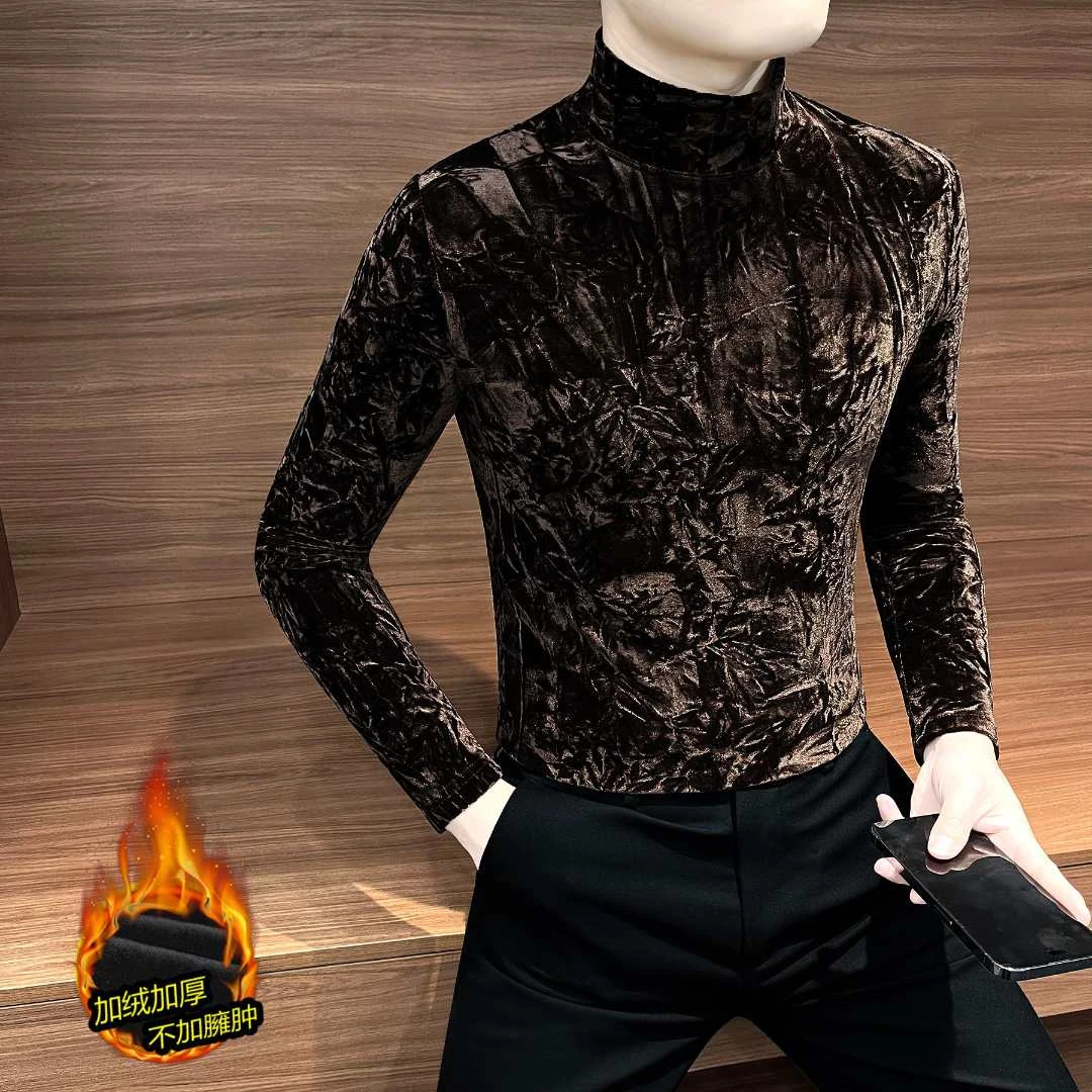 金丝绒半高领打底衫男款爆款2025新款秋冬季加绒加厚长袖男士t恤