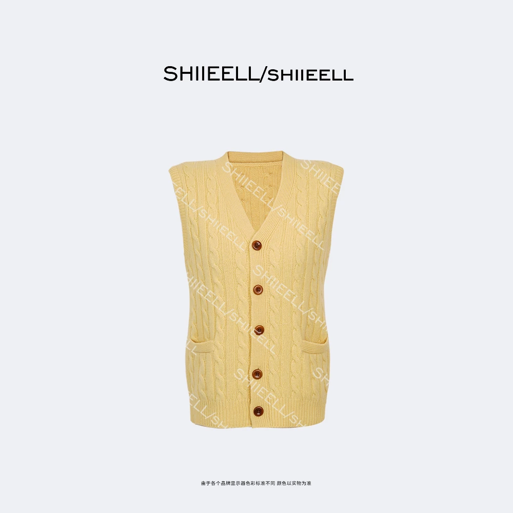 SHIIEELL【暖阳马夹】法式软糯羊毛柠檬黄绞花针织开衫马夹Z7476
