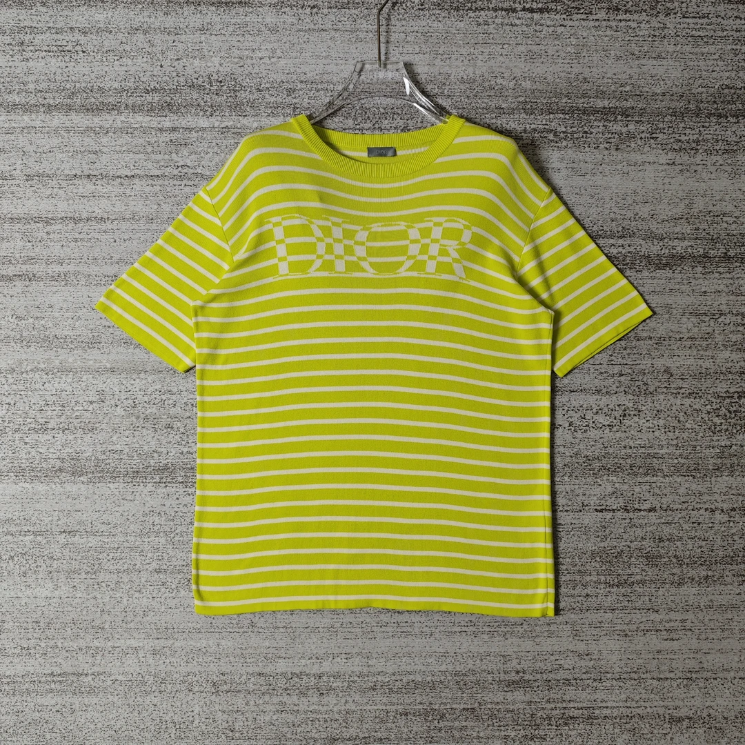 99新 DIOR/迪奥 大字母logo条纹针织短袖/尺码L＃3372