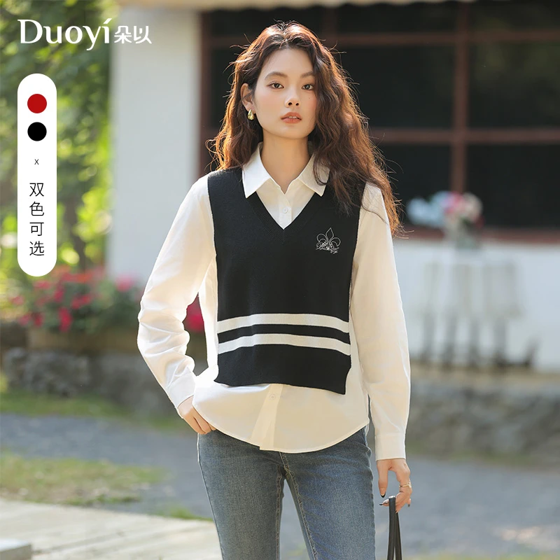 朵以2025春季新款针织马甲衬衫衬衣假两件上衣39DC131072