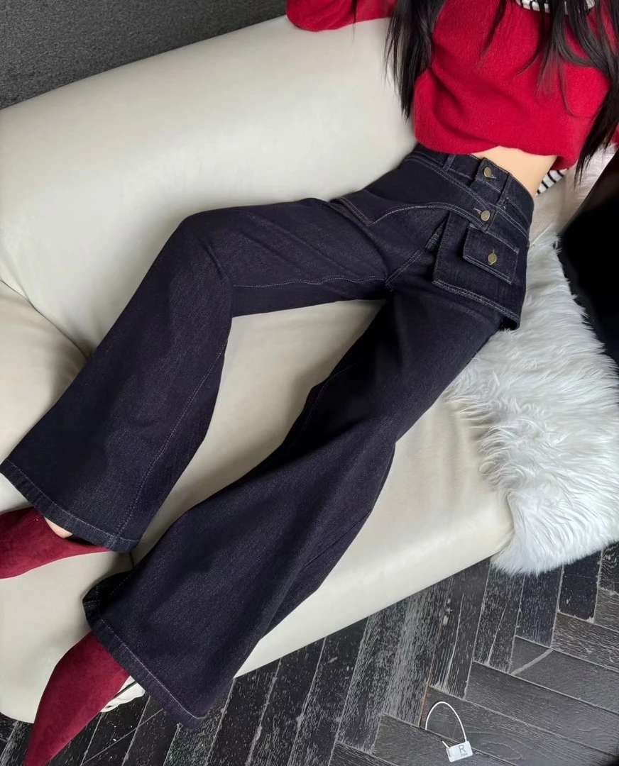 深蓝色复古假两件牛仔裤女2025春秋季新款高腰显瘦屁帘拼接阔腿裤
