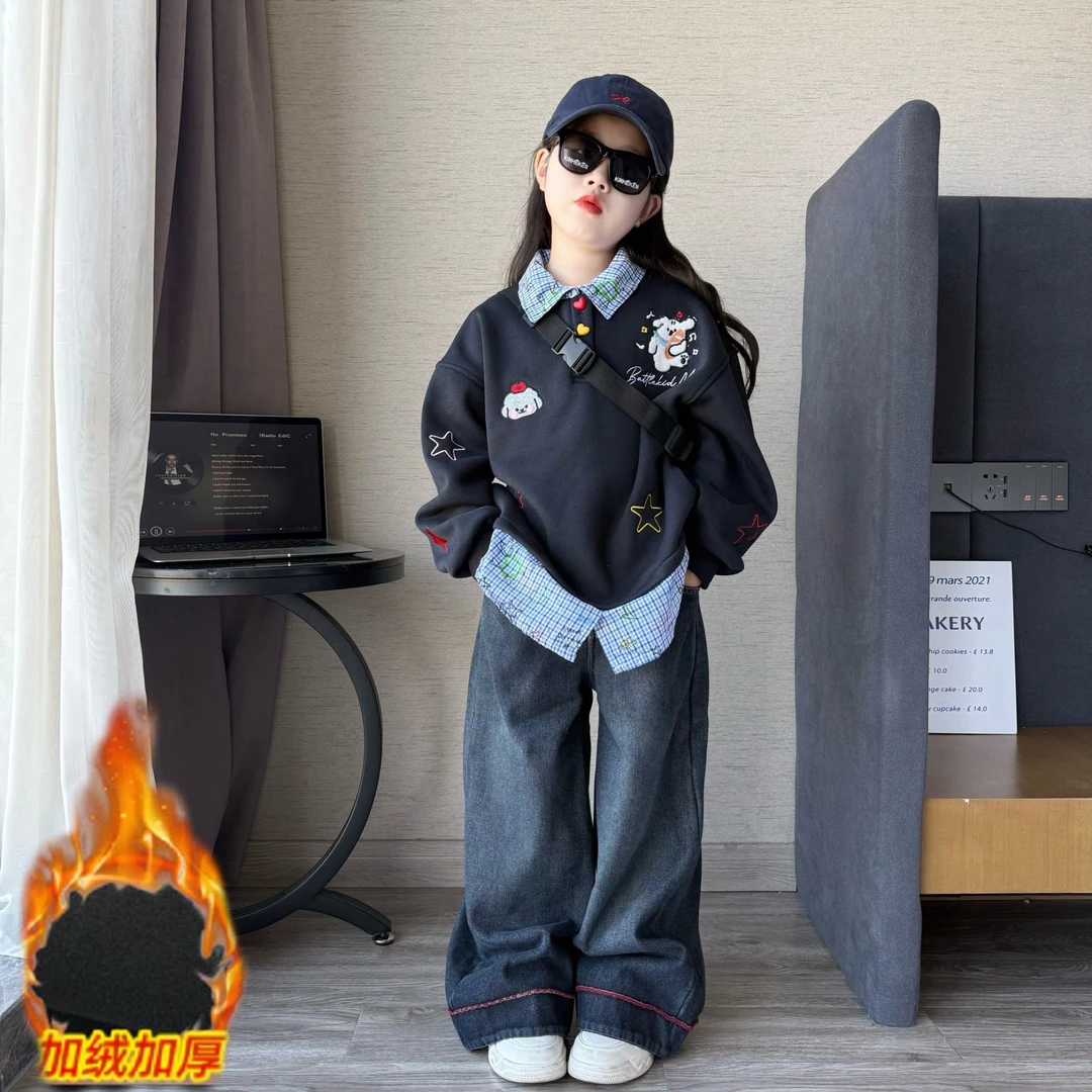 女童秋冬季加绒假两件绣花卫衣中大童加绒休闲阔腿裤拖地裤潮