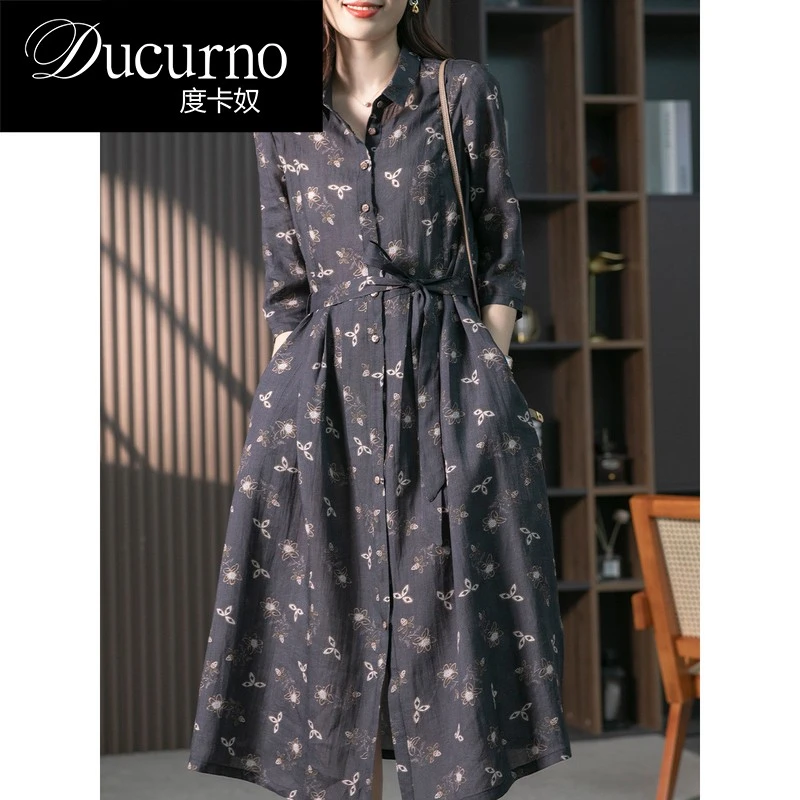 高端高端苎麻连衣裙女中长款韩版衬衫裙2025春夏新款法式碎花裙子