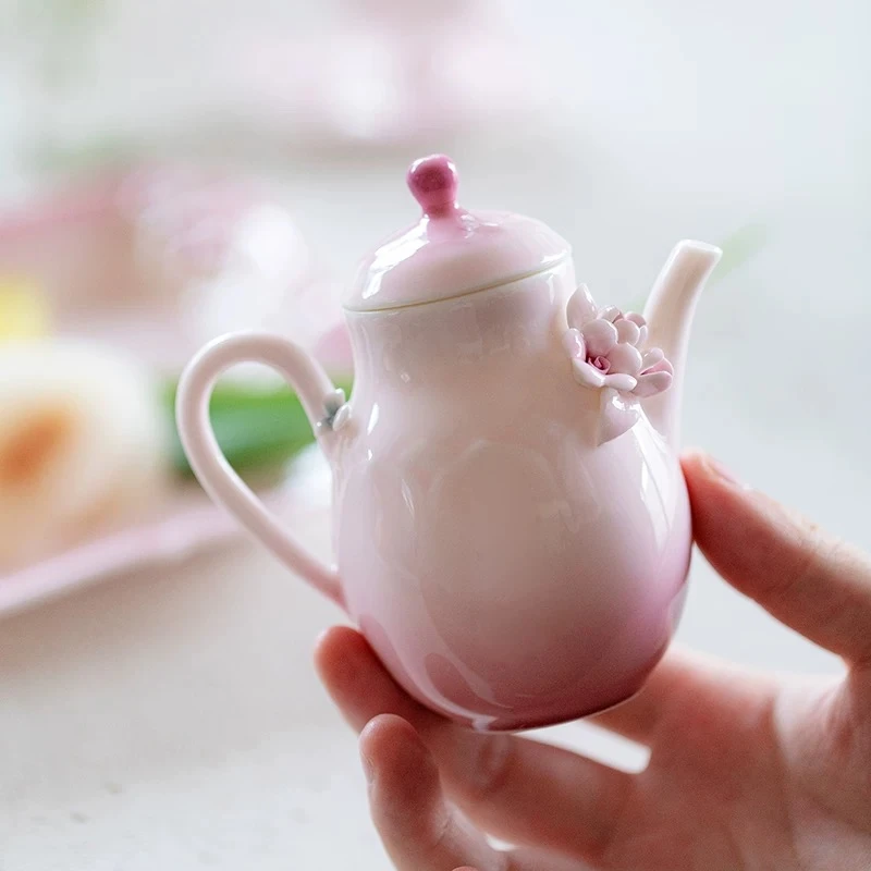 捏花-樱花粉-莲座壶 手作家用陶瓷茶壶轻奢创意精致茶具泡茶壶