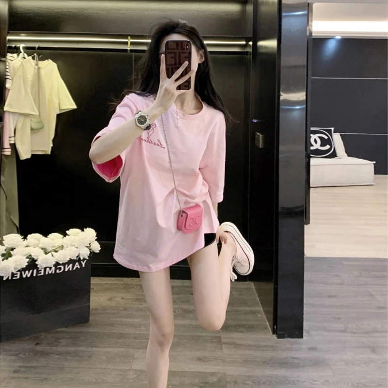 网红洋气炸街女装t恤短袖女款爆款2025新款多巴胺慵懒风上衣粉色