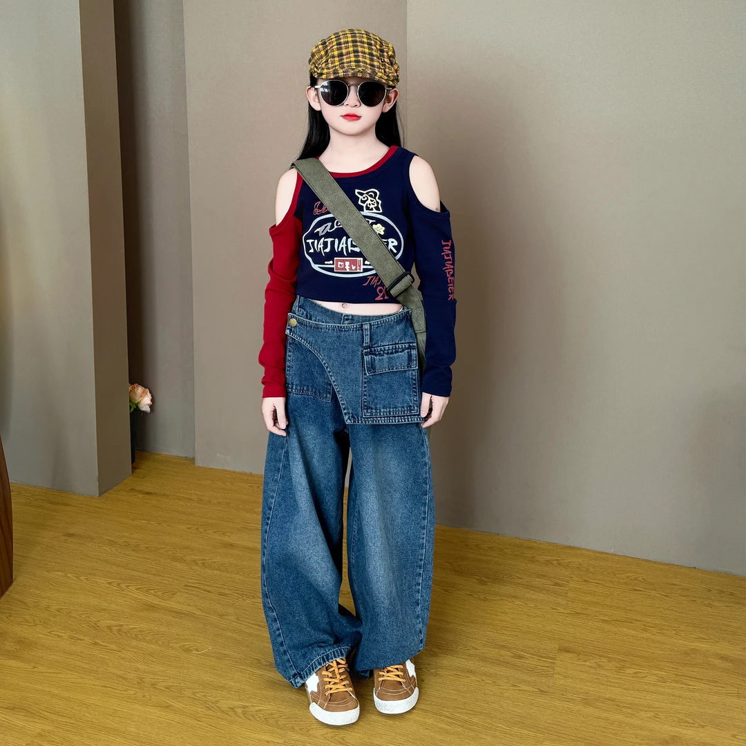 女童套装春秋2025新款儿童打底衫弯刀牛仔裤宽松美式复古酷飒风潮