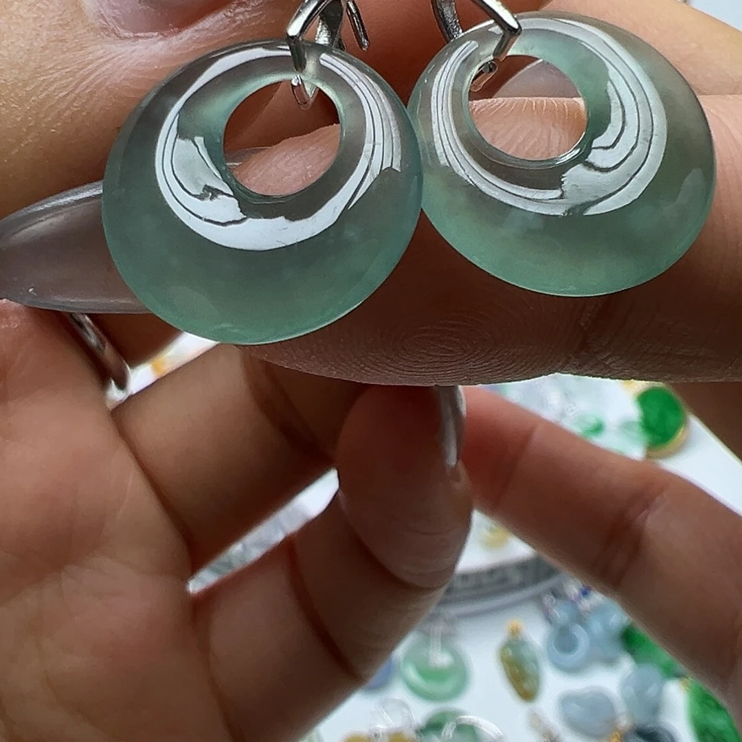 翡翠银S925镶嵌耳饰天然缅甸A货翡翠