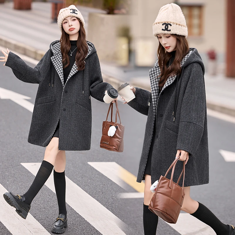 毛呢外套女装2025秋天衣服新款连帽双面羊毛呢格子中长款毛呢外套