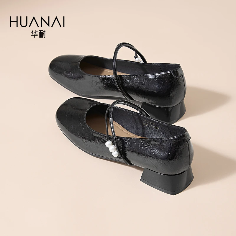 华耐厚底增高玛丽珍鞋2025年春季新款浅口一脚蹬复古百搭单鞋女