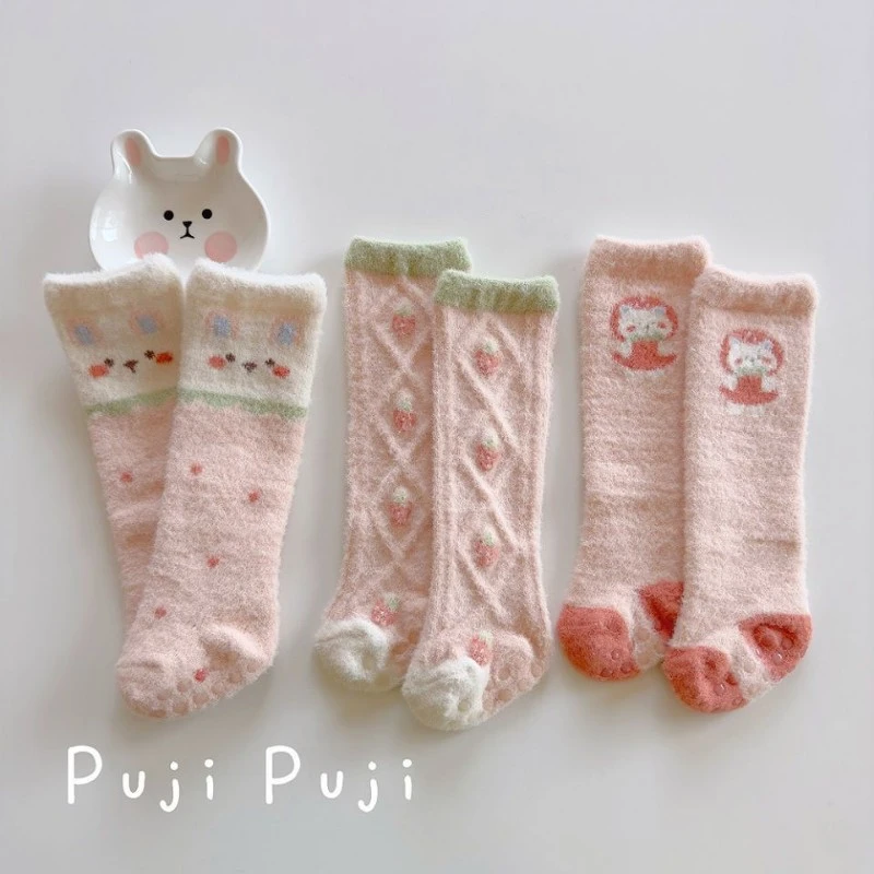 婴儿袜子长筒秋冬加厚珊瑚绒新生儿过膝松口可爱卡通宝宝高筒袜cy