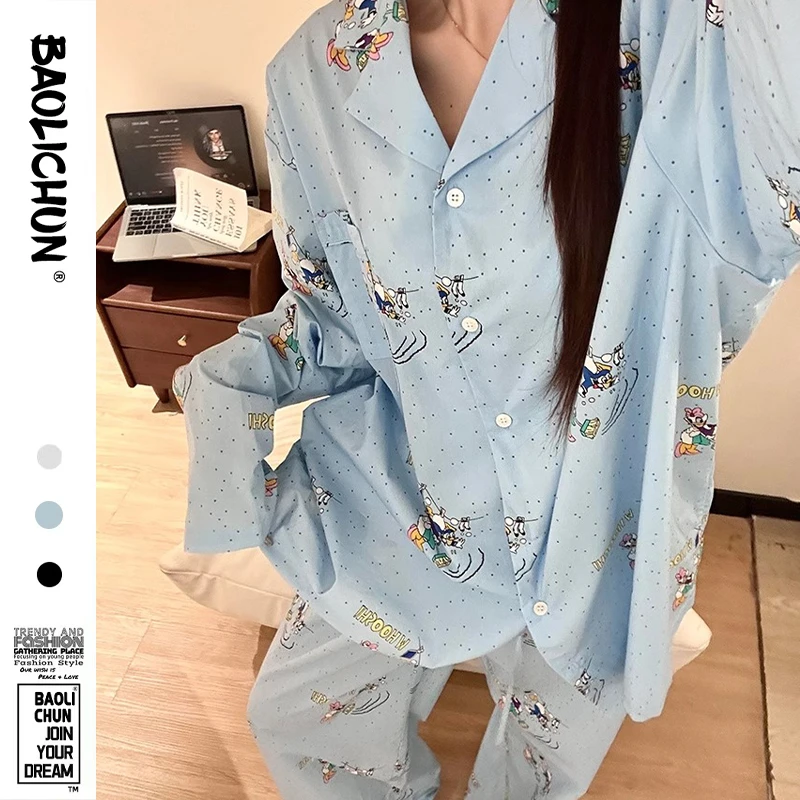 韩版可爱少女唐老鸭印花长袖睡衣女款春秋季大码舒适家居服两件套