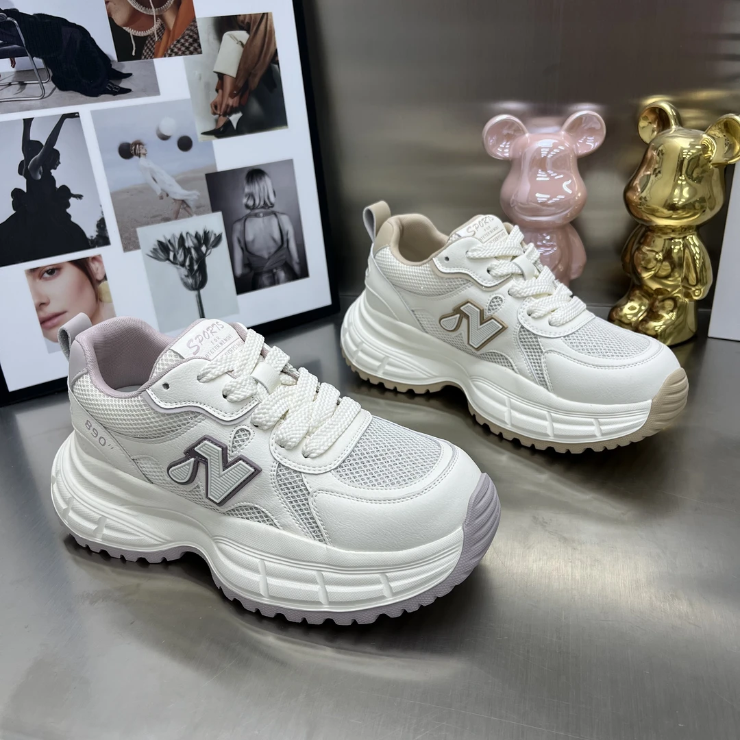 555-6网面白鞋运动老爹鞋女士透气老爹鞋运动鞋系带