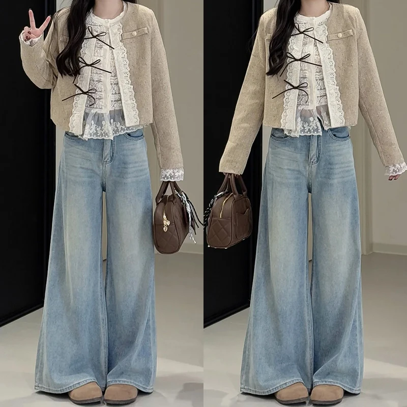 浅色高腰阔腿牛仔裤女秋季新款大码宽松显瘦梨形身材垂感直筒裤子
