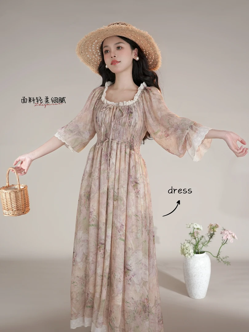 【部分码现货】《浪漫物语》法式复古碎花连衣裙胸腰围可调节显瘦长裙