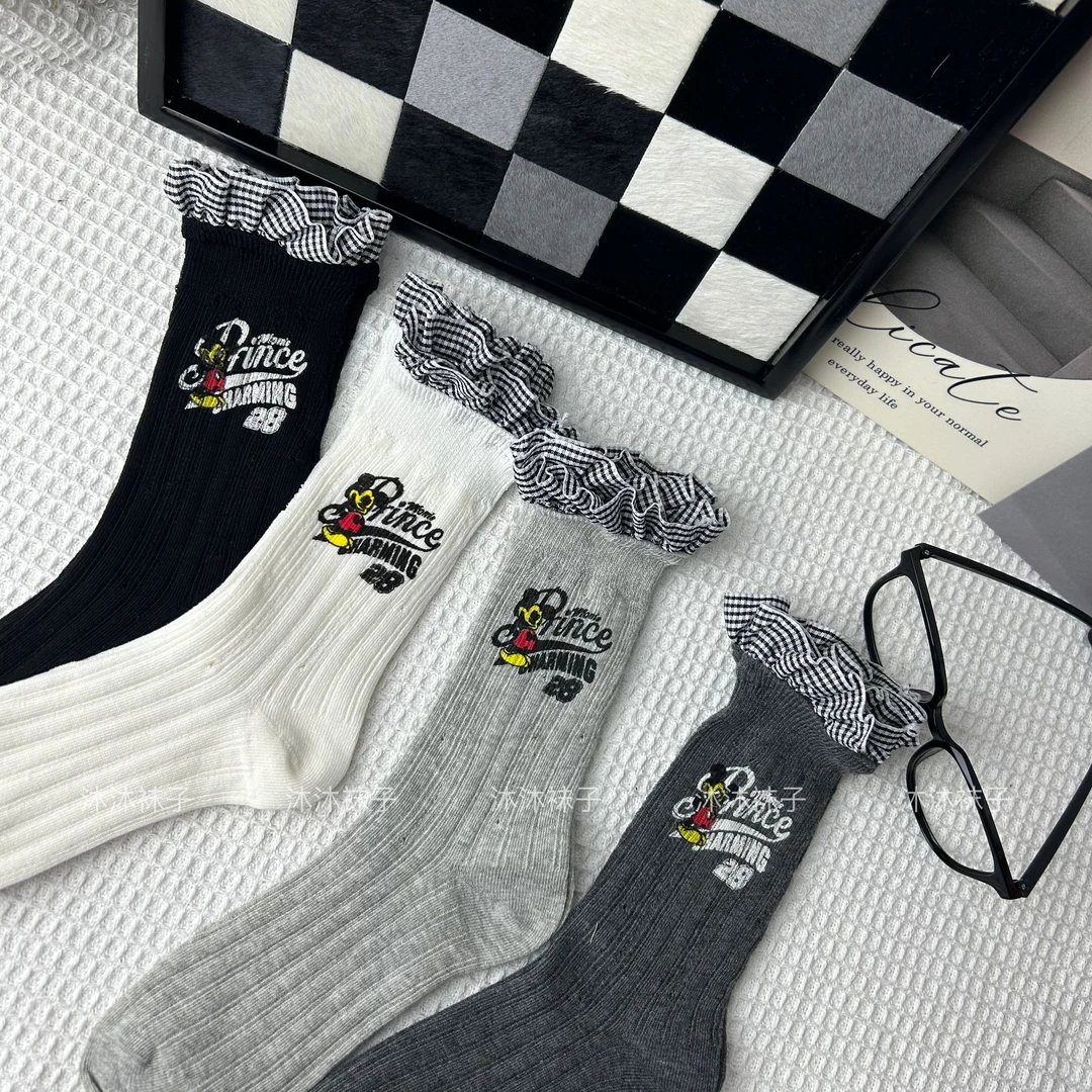 网红款米奇花边黑色白色袜子女2025新款爆款春夏ins潮卡通中筒袜