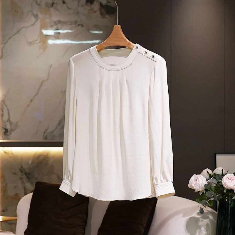 【鬼绉真丝】圆领桑蚕丝衬衫2024秋新款气质百搭纽扣设计长袖上衣女