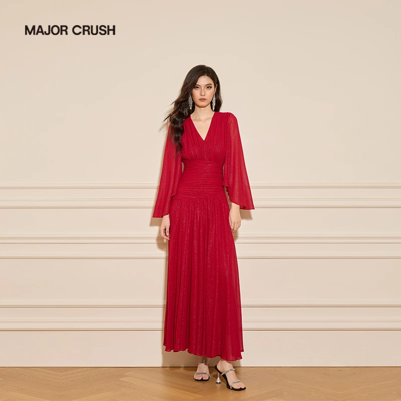 MAJOR CRUSH新款气质V领高腰巴贝多樱桃色时尚赫本风连衣裙7100