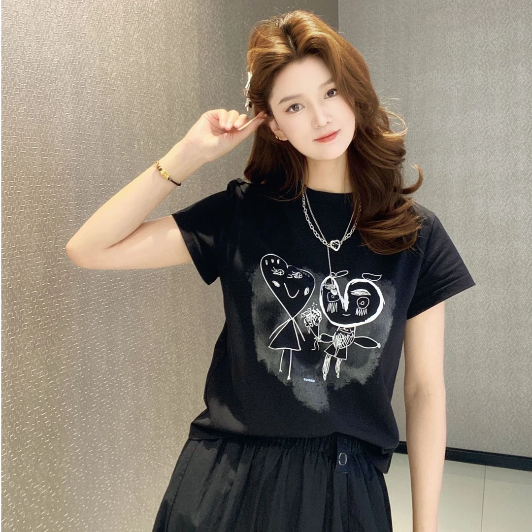 GIRDEAR/哥弟夏季新款青春休闲百搭显瘦圆领涂鸦小飞袖T恤1300996