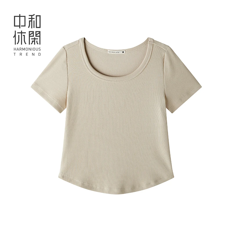 中和休闲短袖T恤女2025夏季新款修身显瘦短款体恤时尚独特正肩t恤