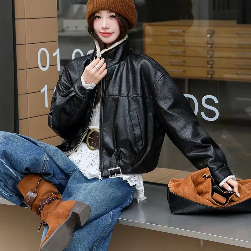 复古美拉德羊羔毛立领短款皮衣女士秋冬季美式加绒厚机车夹克外套