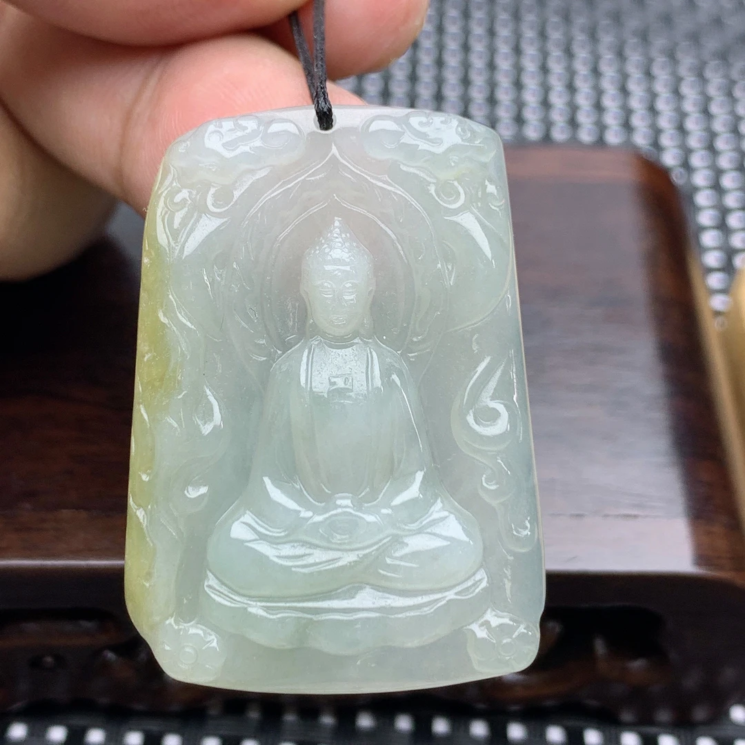 缅甸天然A货翡翠生肖守护神彩色冰润黄翡大日如来菩萨吊坠挂件