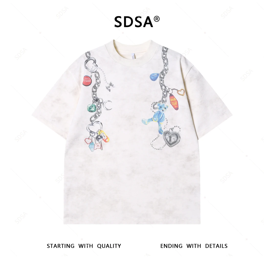 夏季高级感新款男士潮牌链条印花圆领短袖T恤小众设计时尚上衣